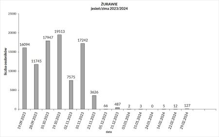 Wykres z liczeń żurawi na porannym wylocie w sezonie 2023/2024. Wyniki: 19.09-16094; 28.09. - 11745; 10.10. - 17947; 19.10...